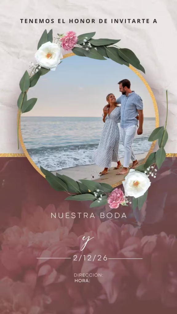 ¡Celebremos el amor! Te invitamos a compartir un día muy especial mientras unimos nuestras vidas en matrimonio. Fecha: [Fecha de la boda] Hora: [Hora de la ceremonia] Lugar: [Nombre del lugar] Dirección: [Dirección del lugar] Acompáñanos en esta hermosa celebración llena de amor, risas y alegría. Tu presencia hará que nuestro día sea aún más memorable. Por favor, confirma tu asistencia antes del [fecha límite]. Con cariño, [Nombre de los novios]