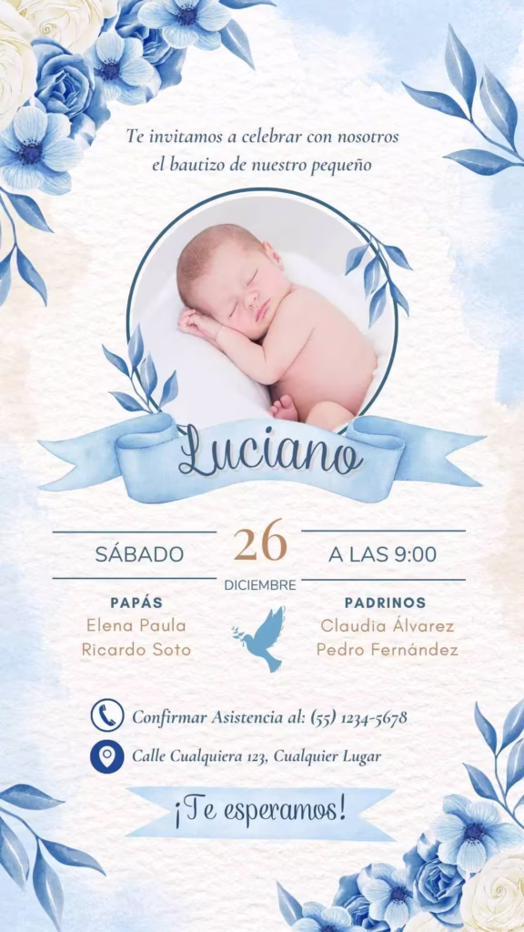 Tarjeta de bautizo para descargar y editar